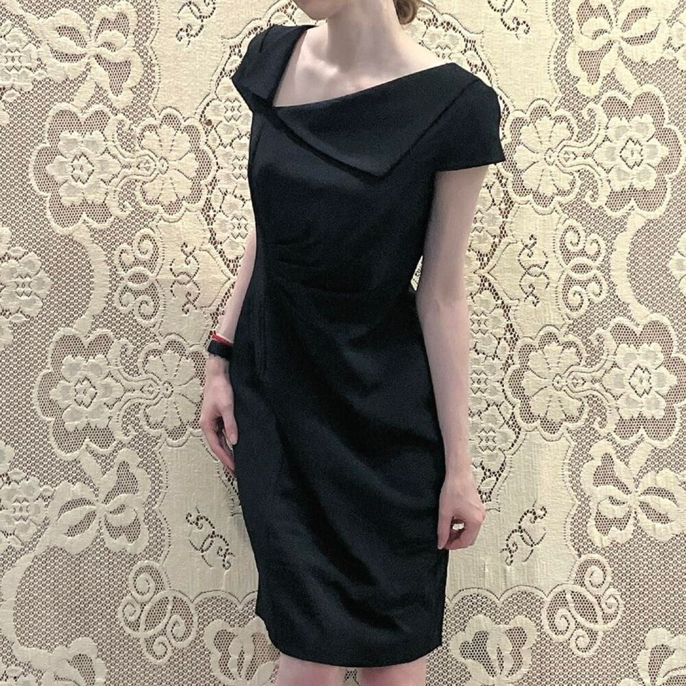 Tahari ASL Women's Black Asymmetrical Neckline Pencil Dress with Cap Sleeves